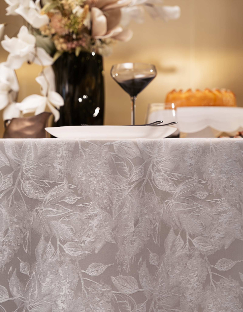 Tablecloth, 160x160 cm, jacquard, polyester, gray-beige, Leaves, Noir