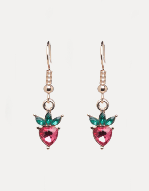 Earrings, 2 cm, 2 pcs, metal/glass, Gold, Strawberry, Jewelry