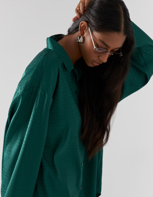Women's shirt, size L, long sleeve, polyester, green, Jacquard pattern, Agnia