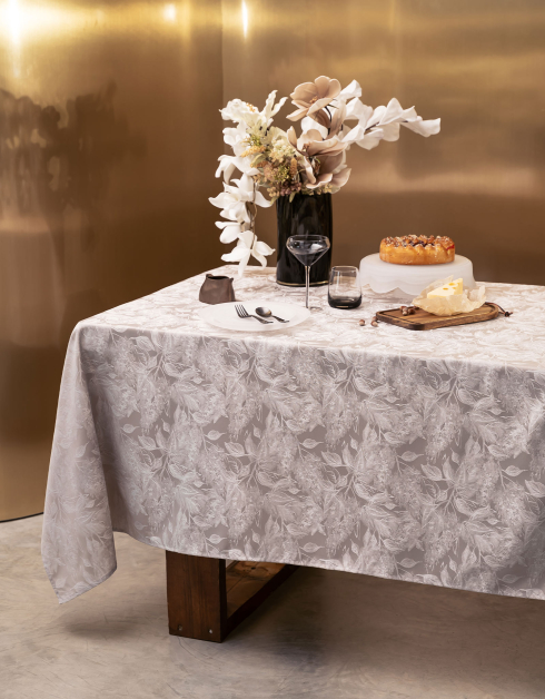 Tablecloth, 170x250 cm, jacquard, polyester, gray-beige, Leaves, Noir