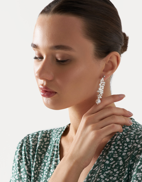 Stud earrings, 5 cm, 2 pcs, metal, Silver, Pearl, Pearl