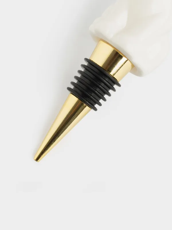 Bottle stopper, 13 cm, steel / porcelain P, white and gold, Cat, Cat, image-3