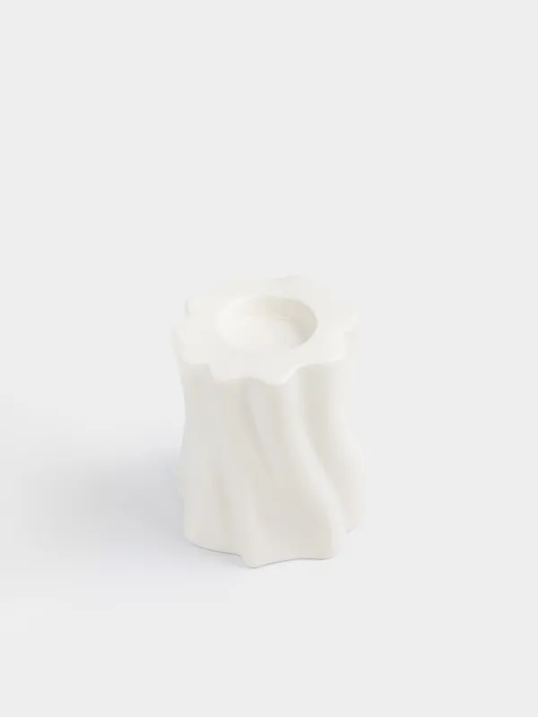 Candlestick, 10 cm, for tea candle, Ceramic, Milky, Wavy edge, Crumple, image-1