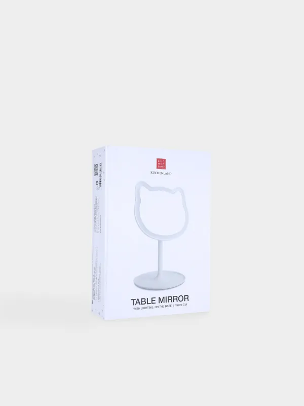 Table mirror, 29x19/13x16 cm, illuminated, on a stand, plastic, white, Cat, Cat, image-2