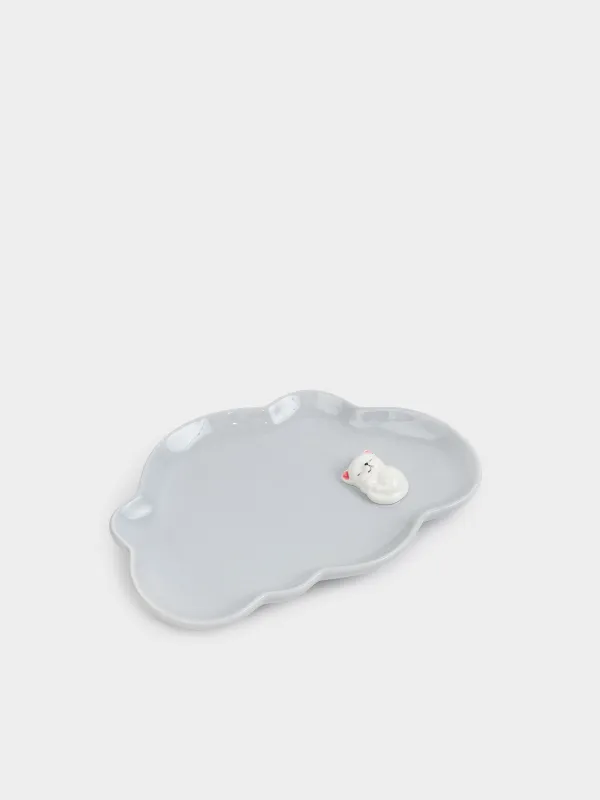 Children's snack plate, 23x16 cm, porcelain P, gray, curly, kitten, friend, image-1