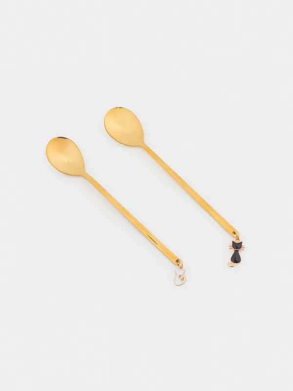 Dessert spoon, 14 cm, 2 pcs, steel, golden, Cats, Cat, image-1