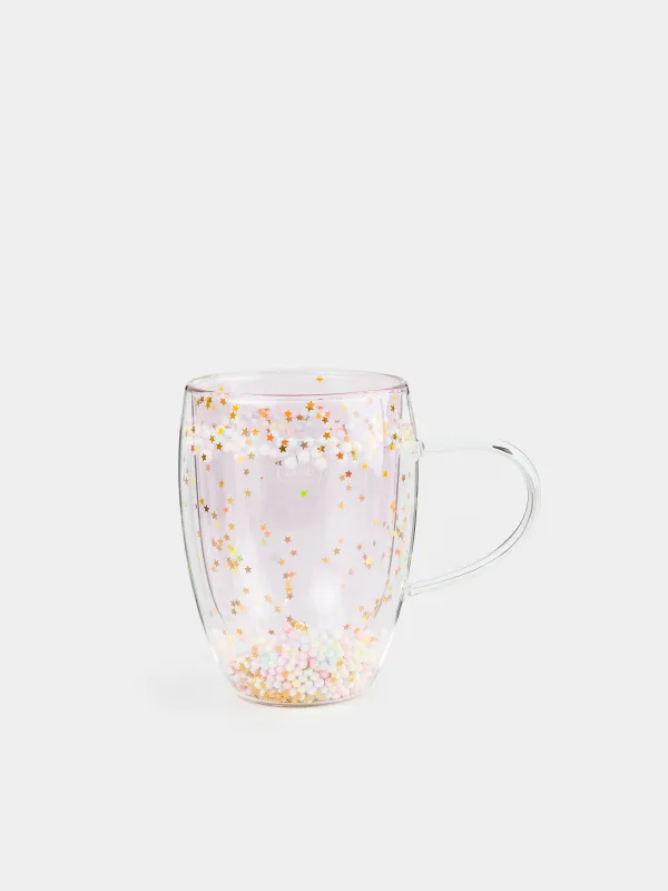 Mug, 330 ml, with balls, glass B, pink, Stars, Air sparkly, image-0