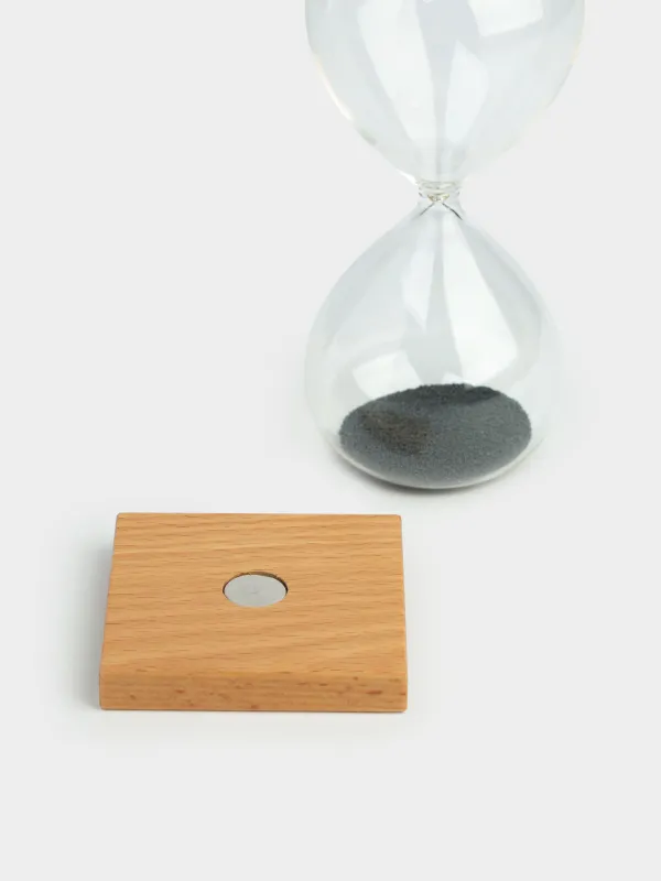 Hourglass, 16 cm, 1 minute, magnetic, stand, glass / wood, grey, Sand time, image-3