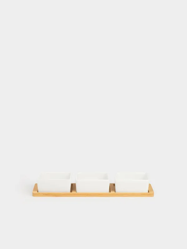 Snack set, 3 items, on a stand, ceramic / bamboo, square bowls, Bamboo, image-1