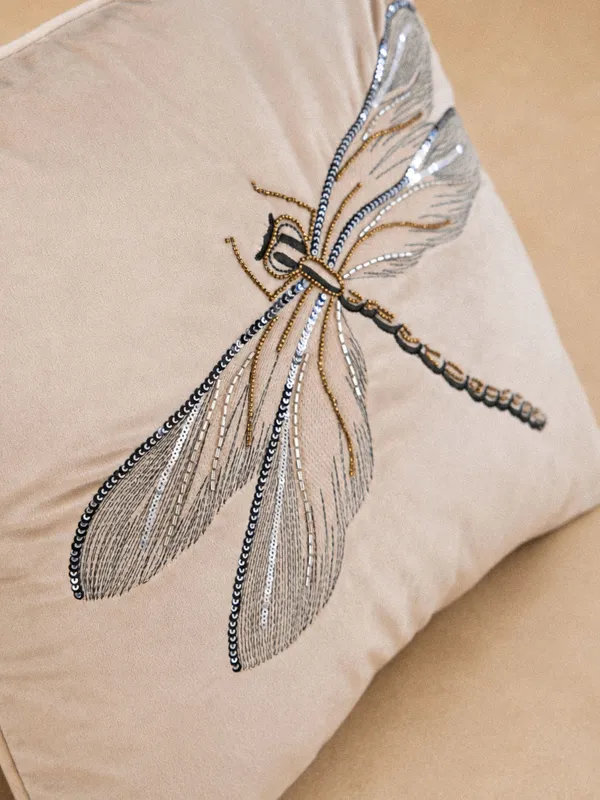 Decorative pillow, 45x45, corduroy / beads, beige, Dragonfly, Dragonfly, image-3