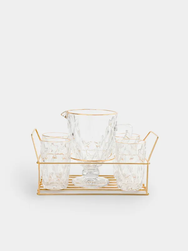 Set for drinks, 4 persons, 5 items, on a stand, glass R / metal, golden, Rhomb gold, image-0