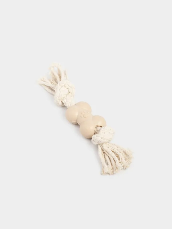 Dog toy, 21 cm, rubber / cotton, Beige, Bone on rope, Playful pet, image-0