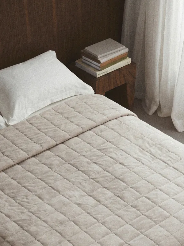 Bedspread, 220x240 cm, quilted, velvet/microfiber, beige / grey, Squares, Stitch velvet, image-0
