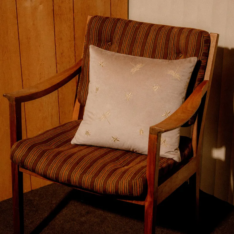 Decorative pillow, 45x45 cm, corduroy, light beige, Dragonflies and beetles, Bugs