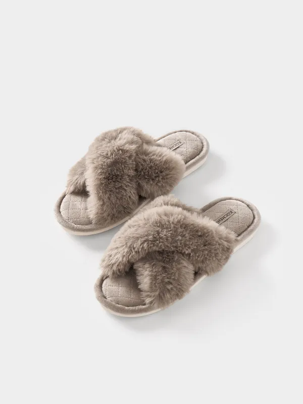 Women's slippers, homewear, size 36-37, polyester, brown, Tape, image-3
