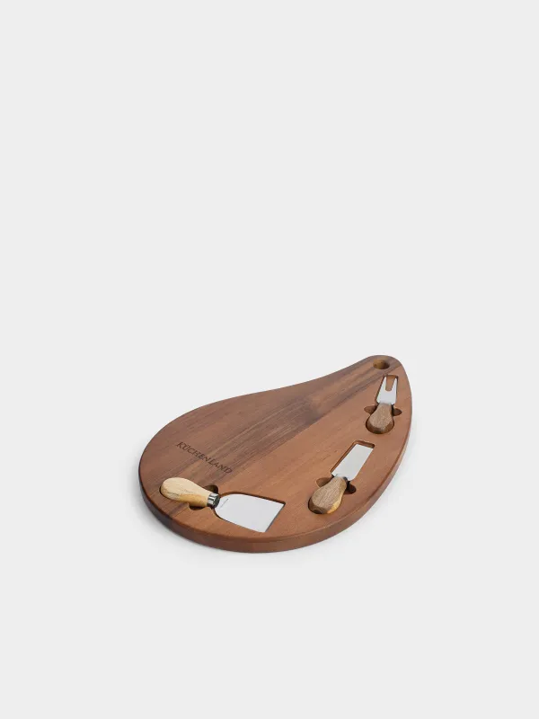Cheese set, 4 pr, platter board, Steel / Wood, Dark, Drop, Cheese, image-0