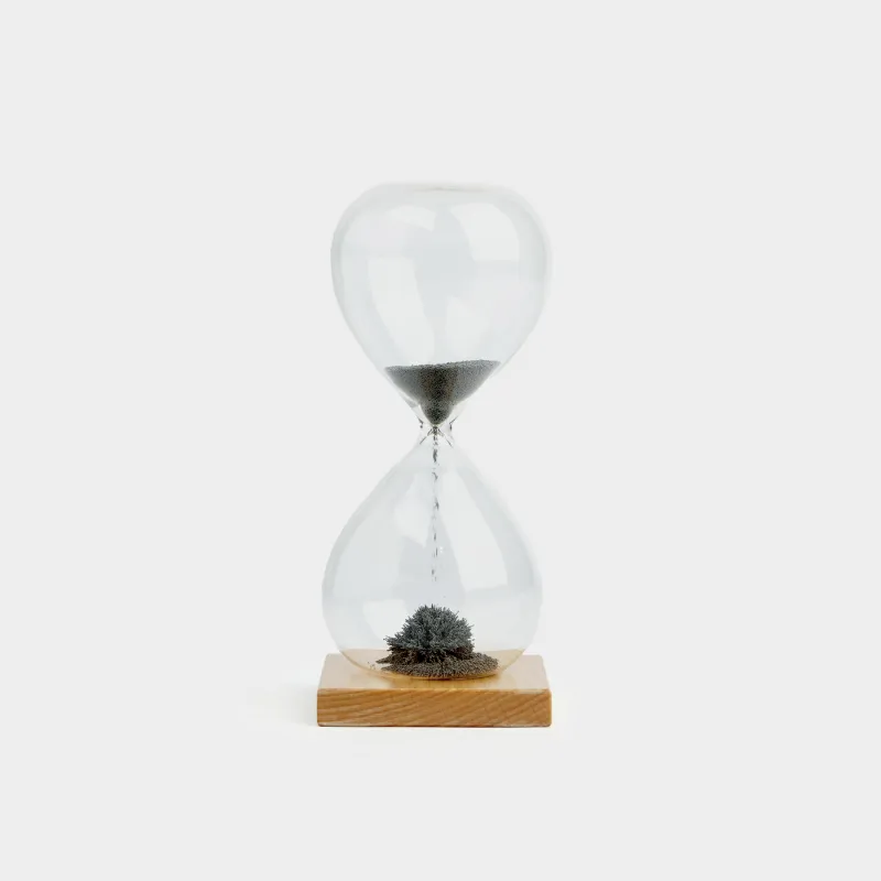 Hourglass, 16 cm, 1 minute, magnetic, stand, glass / wood, grey, Sand time
