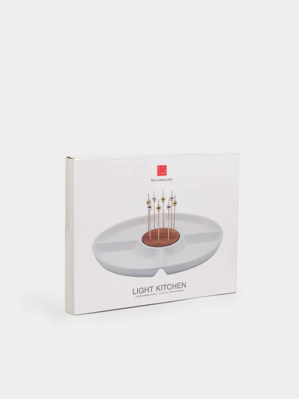 Divided plate, 27x22 cm, 4 compartments, with skewers, porcelain / bamboo, white, Light kitchen, image-4