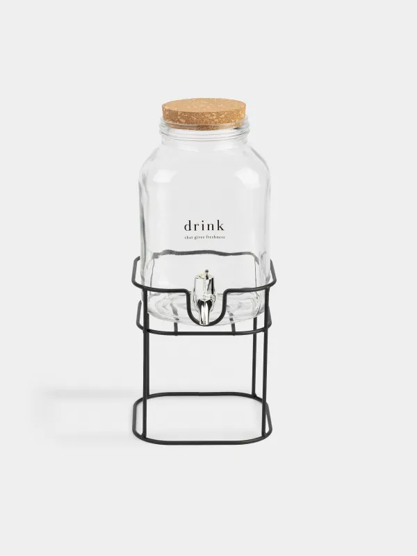 Beverage dispenser, 3 L, on a stand, Glass / cork / metal, Clear font, image-1