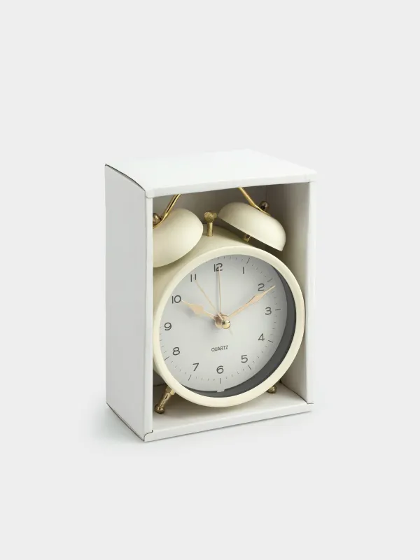 Alarm clock, 13 cm, on legs, metal, round, beige, Retro, Dial, image-4