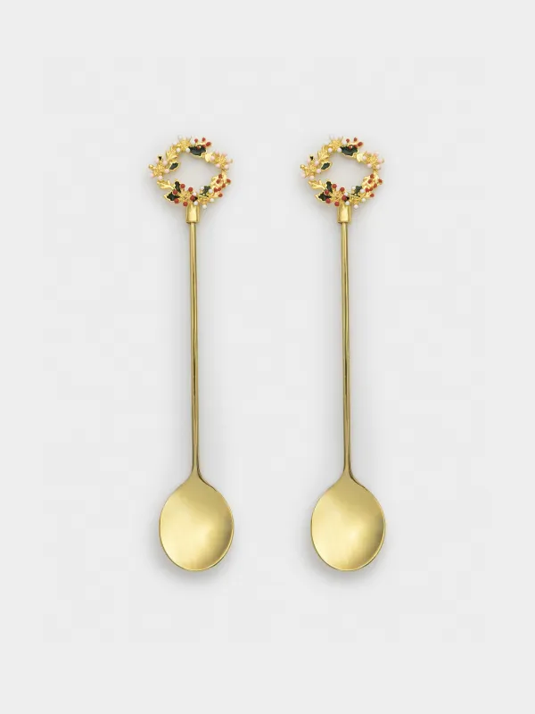 Dessert spoon, 15 cm, 2 pcs, steel, golden, Wreath, Christmas miracle, image-0