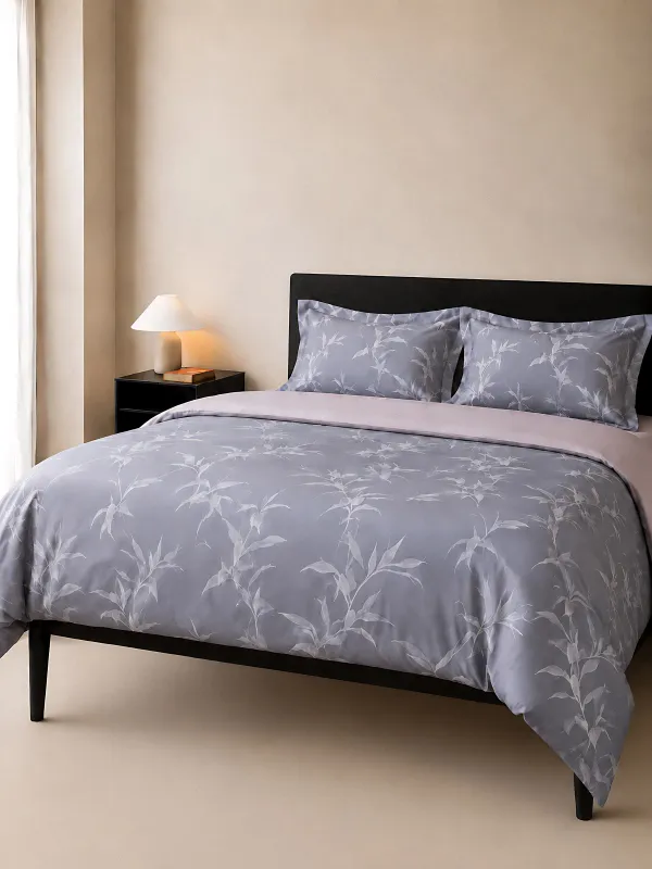 Bed linen set, euro, tencel 300 TC, gray-purple, Leaves,Tencel, image-0