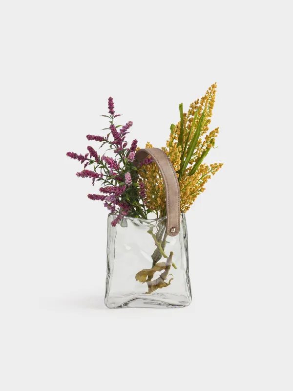 Flower vase, 17 cm, decorative, with handle, glass / polyurethane, grey, Bag, Crumple color, image-3