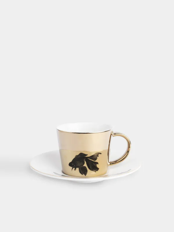 Tea pair, 1 pers, 2 items, 230 ml, porcelain P, white and golden, Fish, Goldfish, image-0