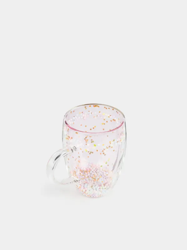 Mug, 330 ml, with balls, glass B, pink, Stars, Air sparkly, image-1