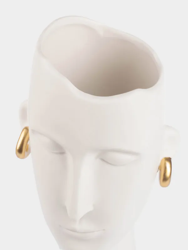 Flower vase, 34 cm, decorative, ceramic, white, Girl with golden earrings, Face, image-3
