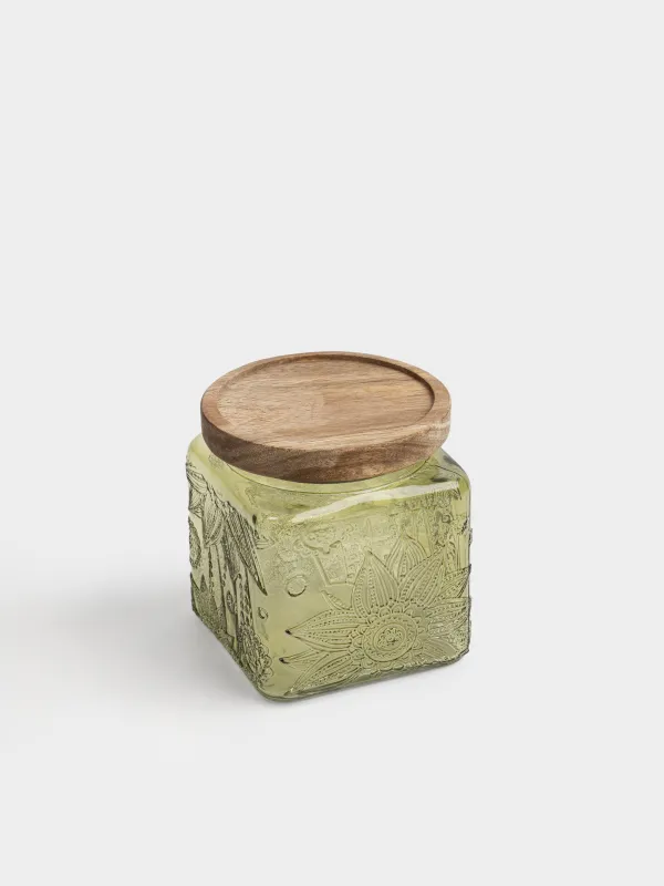 Bulk products jar, 550 ml, glass R / wood, green, Flowers, Bloome wood, image-1