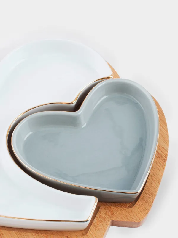 Snack set, 26x22 cm, 2 compartments, collapsible, on a stand, porcelain P / bamboo, white / grey, Heart, image-4