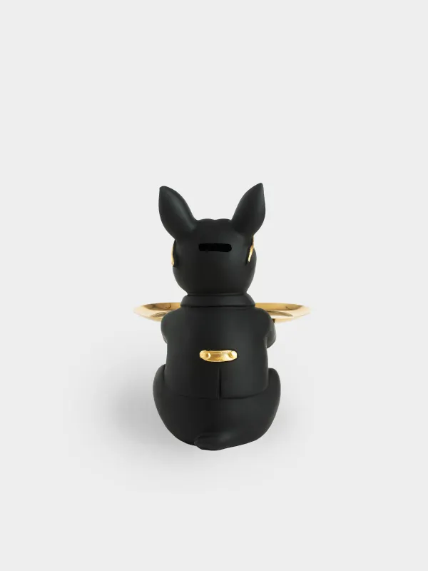 Decorative dish, 23 cm, with piggy bank, polyresin / metal, golden-black, Bulldog, Dog, image-3