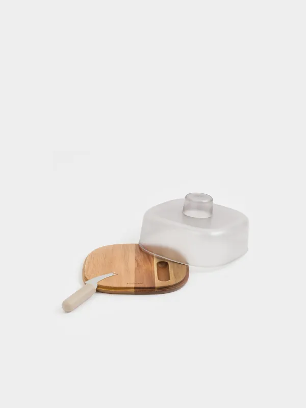 Cheese set, 2 pcs, dish board / dome, steel / wood / plastic, Noble tree, image-1