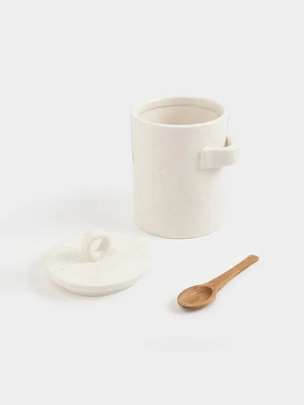 Storage container, 16 cm, 750 ml, with spoon, ceramic / wood, milky, speckled, Delicia, image-2