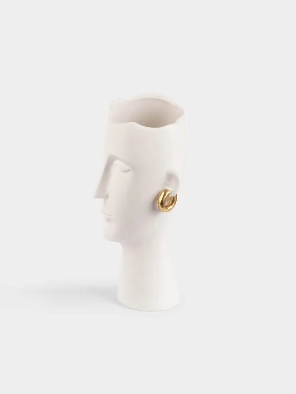 Flower vase, 34 cm, decorative, ceramic, white, Girl with golden earrings, Face, image-1