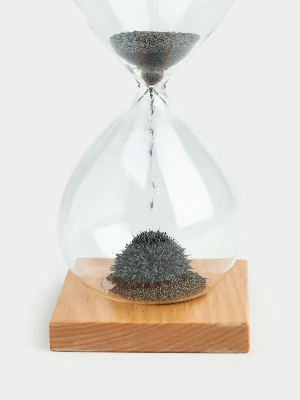Hourglass, 16 cm, 1 minute, magnetic, stand, glass / wood, grey, Sand time, image-2