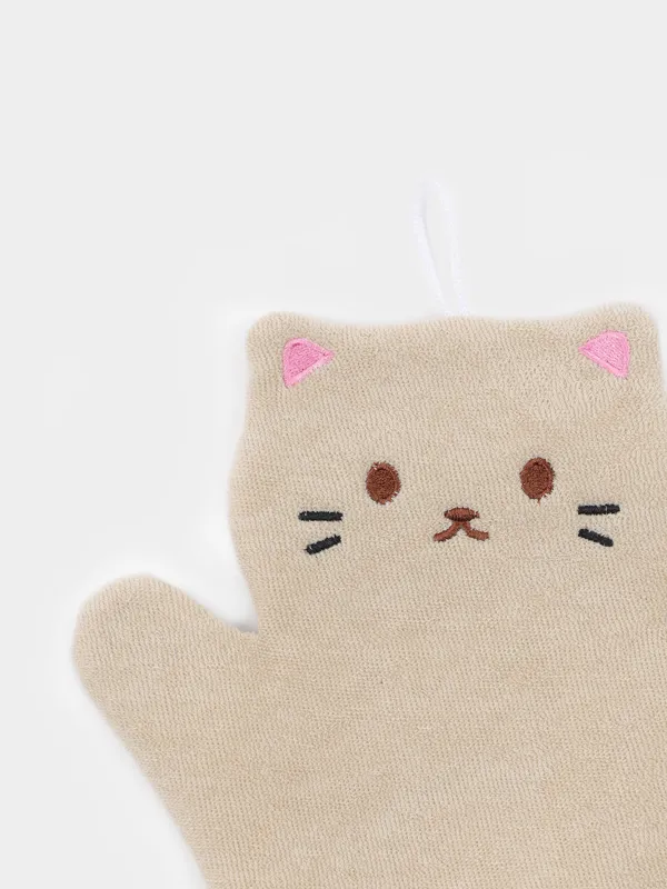 Sponge-mitten for washing the body, 20x20 cm, children's, polyester, beige, Cat, image-2