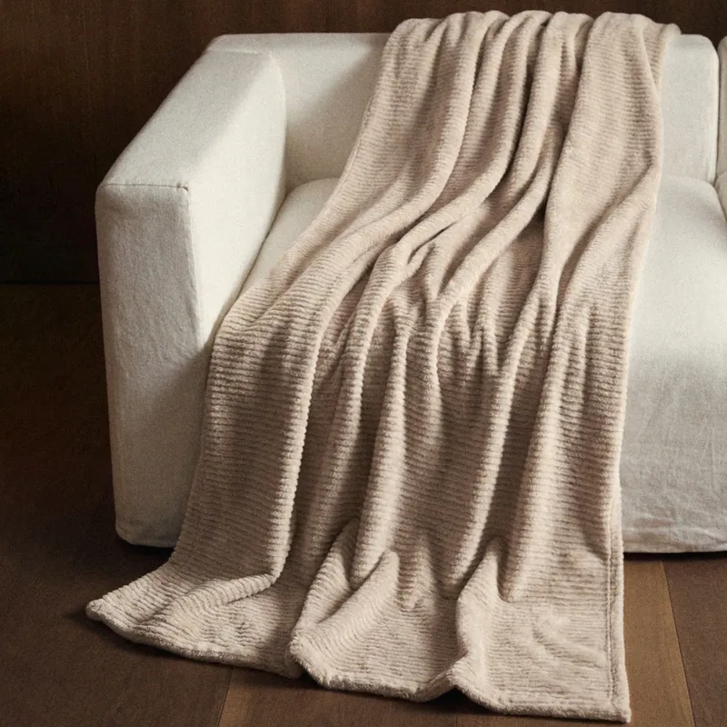 Blanket, 130x170 cm, double-sided, faux fur/flannel, milk, Stripes, Flannel
