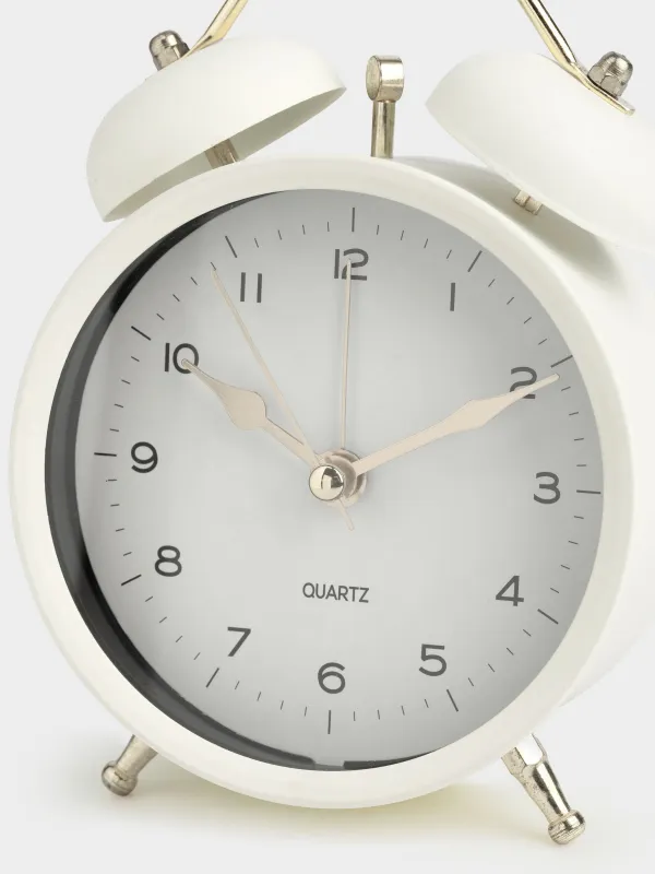 Alarm clock, 13 cm, on legs, metal, round, beige, Retro, Dial, image-2