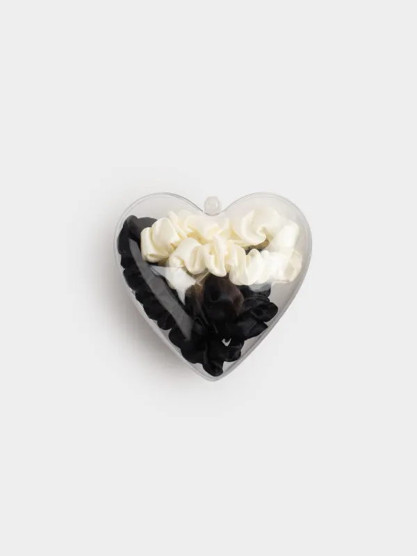 Elastic band for hair, 6 cm, 4 pcs, in the heart, satin, milk/black, Silk, image-3