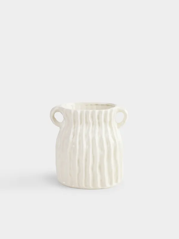 Flower vase, 18 cm, with handles, ceramic, White, Textured lines, Wavy, image-0