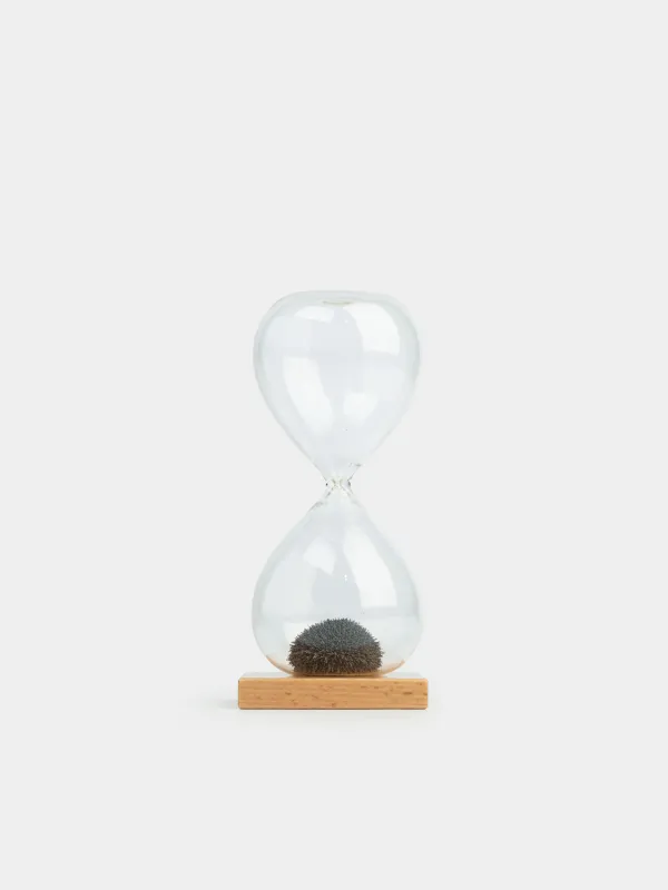 Hourglass, 16 cm, 1 minute, magnetic, stand, glass / wood, grey, Sand time, image-1