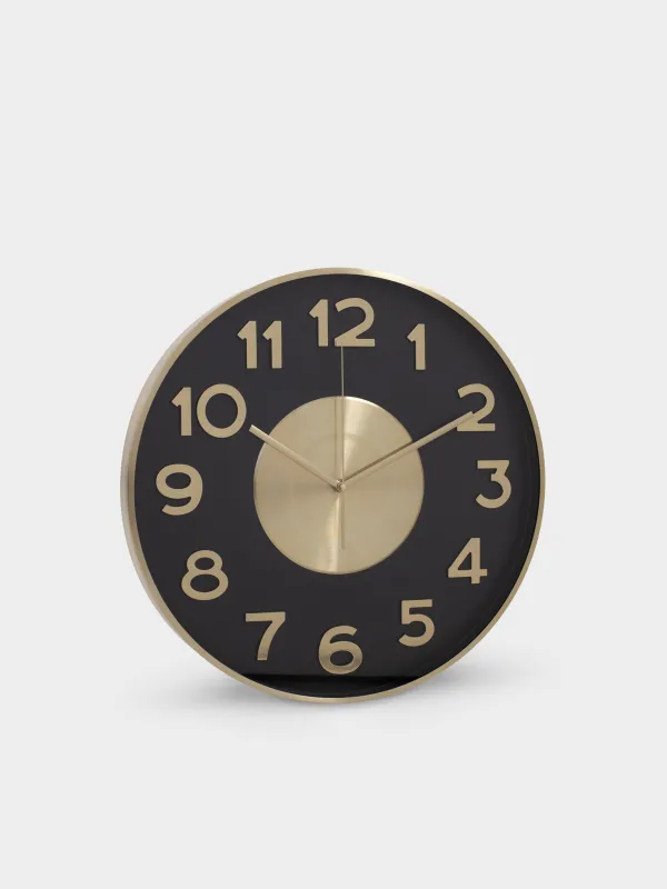 Wall clock, 40 cm, metal / glass, round, black and gold, Dial, Dial, image-0