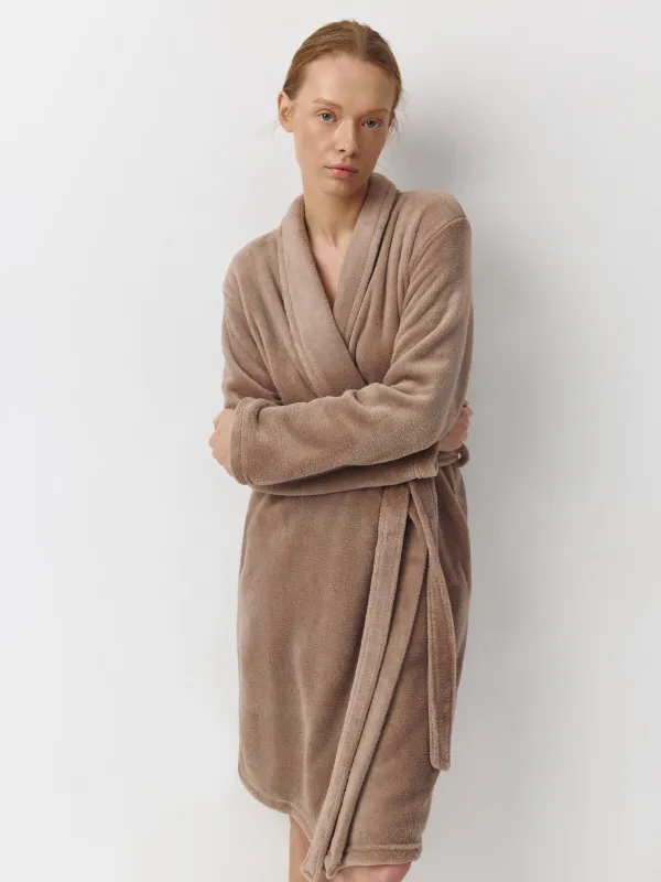 Women's robe, homewear, size L-XL, Long sleeve, polyester, mocha, Drew, image-0