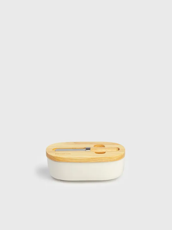 Butter dish, 15 cm, with knife, porcelain N / wood, oval, Light kitchen, image-0