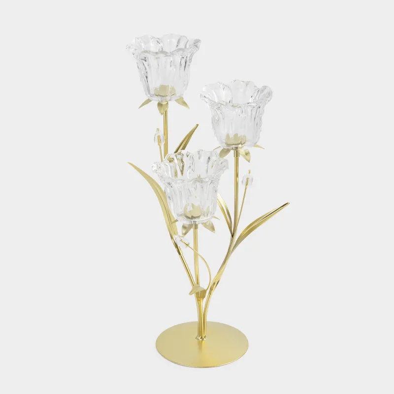 Candlestick, 47 cm, 3 tea candles, glass / metal, golden, Flowers, Fantastic flowers