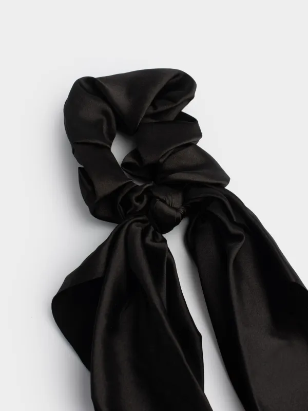 Elastic band for hair, 25 cm, with ribbon, satin, black, Silk, image-1