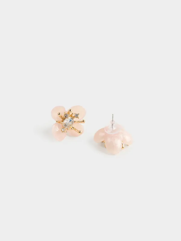 Stud earrings, 3 cm, 2 pcs, metal / zircon/Acrylic, pink, Flower, Jewelry flower, image-2
