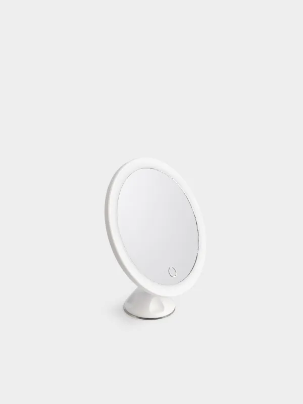 Hanging mirror, 18 cm, magnifying, with suction cups, illuminated, plastic, white, Mirror, image-0
